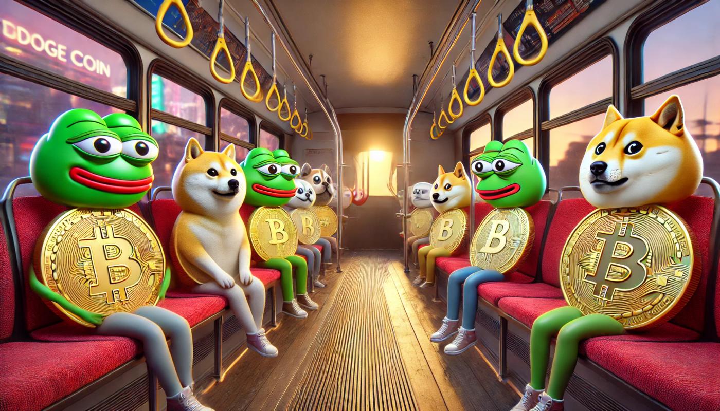 Meme coins personified as characters sitting in bus chairs. The characters, representing popular meme coins like Dogecoin, Shiba Inu, and Pepe, are interacting in a playful and lively bus setting with a cityscape visible through the windows